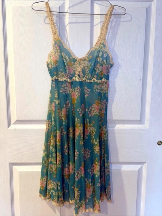 Vintage Dresses & Skirts - Vintage Made in Italy Montenapoleone Floral Lace Slip Dress Teal Mini Dress
